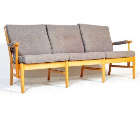 Farstrup - A late 20th century retro vintage beech framed show wood three seat sofa settee with padded armrests , cushions to