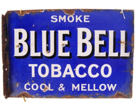 Blue Bell Tobacco - An early 20th century double sided porcelain enamel point of sale shop advertising sign with wall flange 