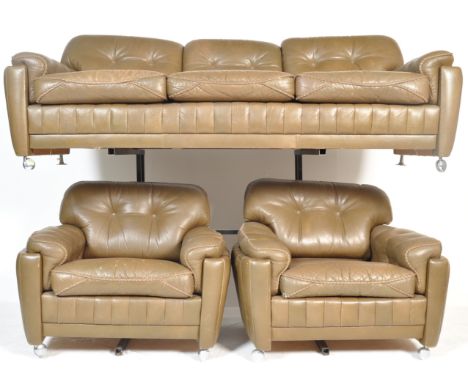 Madsen Og Shcubel -&nbsp;A stunning 1970's Danish buffalo hide leather sofa suite comprising of a three seat sofa settee and 