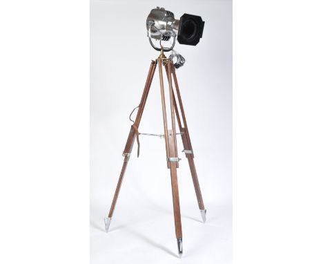 Furse - A fantastic 20th century retro vintage polished spotlight / theatre lamp / search light raised on a wooden stained tr