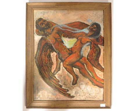 Beverly Skinner - A 1960's retro vintage framed oil on board painting by local Bristol abstract artist depicting male and fem