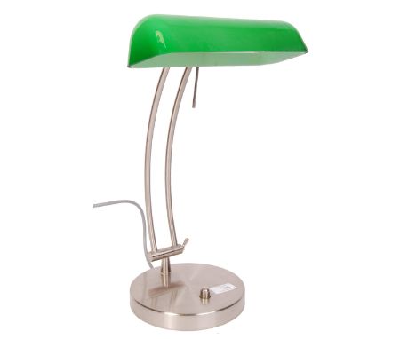A 20th century retro bankers lamp of polished steel construction having twin sweeping arms attached to a terraced base with a