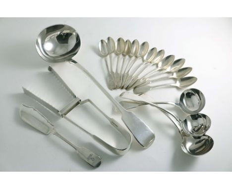 ASSORTED FIDDLE PATTERN:- A pair of Victorian serving tongs, crested, by W.R. Sobey, Exeter 1838, a pair of George IV sauce l