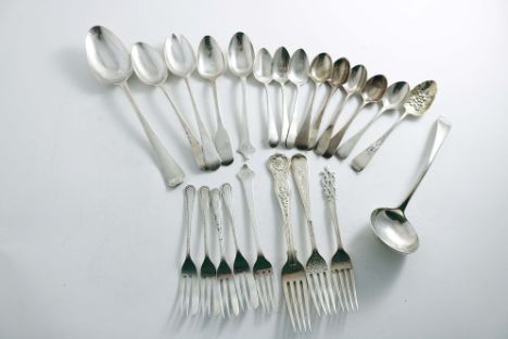 MISCELLANEOUS FLATWARE:- A George III Old English pattern sauce ladle, a George III table spoon, a child's spoon &amp; fork, 