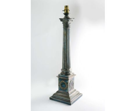A LATE VICTORIAN ELECTROPLATED COLUMN LAMP on a stepped, square plinth base, decorated with applied foliate wreaths and borde