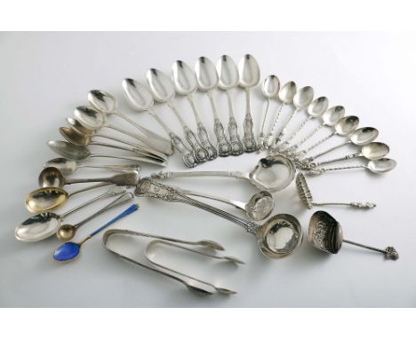 A MIXED LOT:- A set of four late Victorian egg spoons, a set of six Victorian Scottish tea spoons, initialled "C", a set of s