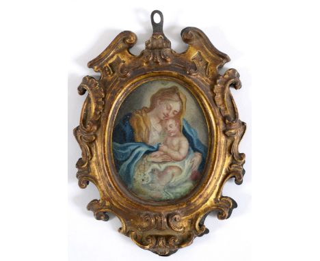 ITALIAN SCHOOL 18TH C. Miniature portrait of the Virgin &amp; Child, oil probably on copper; 7.25 x 5.75 cms, in baroque gilt