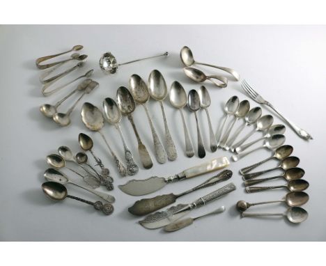 A SMALL QUANTITY OF MISCELLANEOUS FLATWARE &amp; CUTLERY INCLUDING:- A Bulldog Club prize tea spoon, four various butter kniv