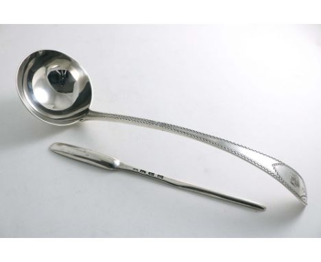 AN EDWARDIAN SOUP LADLE with a pointed end and a bright-cut stem, crested, by G. Jackson &amp; D. Fullerton, London 1904 and 