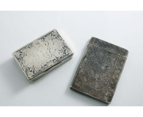 A VICTORIAN ENGRAVED RECTANGULAR CARD CASE maker's mark "D&amp;M", Birmingham 1876 and a late 19th century French niellowork 