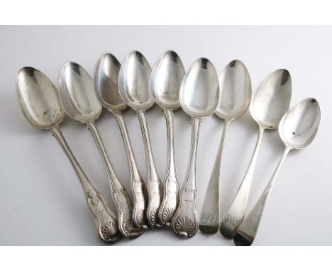 A SET OF FOUR GEORGE III HOURGLASS PATTERN TABLE SPOONS crested, by W. Eley &amp; W. Fearn, London 1806, another, crested, by