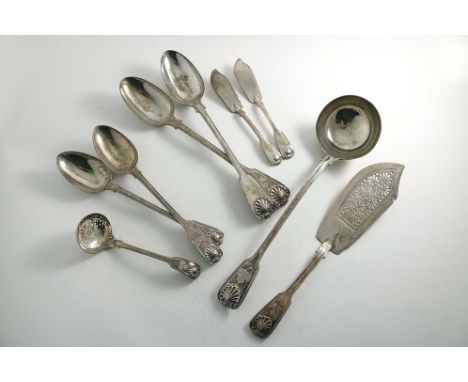 A VICTORIAN CANTEEN OF FIDDLE, THREAD &amp; SHELL PATTERN FLATWARE (diamond shell heel) in a fitted, iron bound oak travellin