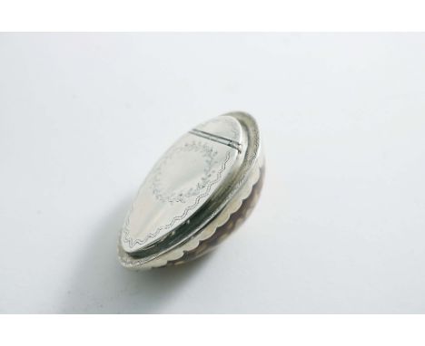 A SMALL LATE 18TH CENTURY MOUNTED COWRIE SHELL SNUFF BOX with a lappet border and wrigglework engraving, struck inside the co