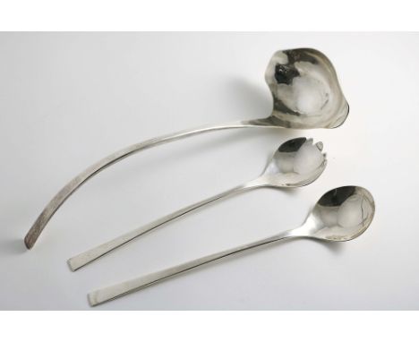 MILLENIUM HALLMARKS:- A handmade double-lipped soup ladle by K.H. Gabb, London 2000 and a pair of salad servers by the same m