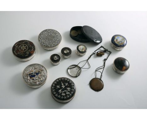A SMALL COLLECTION OF NINE VARIOUS, EARLY PERIOD, OLD SHEFFIELD PLATED CIRCULAR BOXES (with tortoiseshell, inlaid tortoiseshe