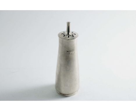 A LATE 20TH CENTURY HANDMADE SUGAR CASTER of tapering form on a collet foot, with a low-domed cover and a tall, waisted finia