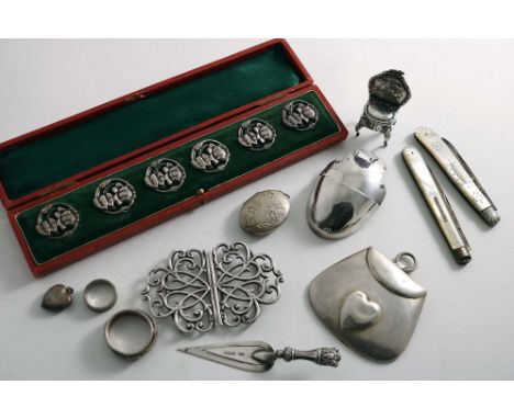 A MIXED LOT:- A cased set of six Art Nouveau buttons, by Reynolds &amp; Westwood, Birmingham 1902, a miniature chair with imp