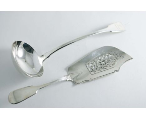 A GEORGE IV FIDDLE PATTERN SOUP LADLE crested, by Robert Rutland, London 1826 and a Fiddle pattern fish slice with a pierced 