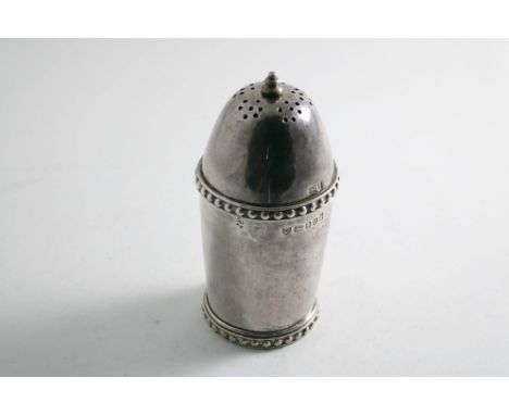 A LATE 20TH CENTURY HANDMADE SUGAR CASTER with a domed, bayonet-fitting cover, a tiered knop finial and bead borders, maker's