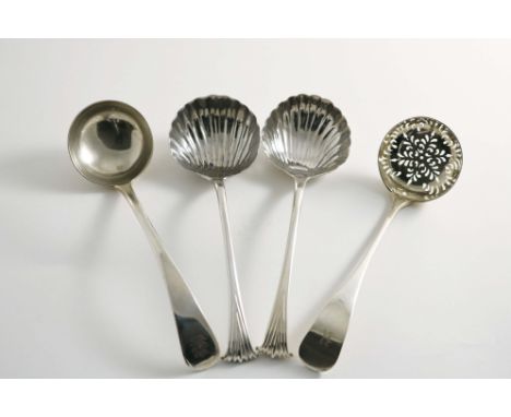 A PAIR OF GEORGE III ONSLOW PATTERN SAUCE LADLES with fluted bowls, crested, maker's marks partly worn, London 1771, an Edwar