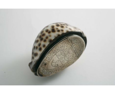 A GEORGE III SCOTTISH MOUNTED COWRIE SHELL SNUFF BOX engraved on the cover with a coat of arms within a shield cartouche belo