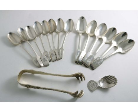 A SET OF SIX GEORGE IV IRISH LARGE TEA SPOONS Fiddle/Rattail pattern, crested, by James Le Bass, Dublin 1829, a set of eight 