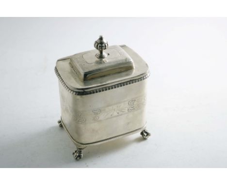 AN EARLY 19TH CENTURY PORTUGUESE TEA CADDY of rounded oblong form on ball &amp; claw feet, with an engraved frieze and a flut