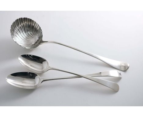 AN EARLY GEORGE III SOUP LADLE with a swirl-fluted circular bowl, maker's mark "WC", London 1761 together with a George III O