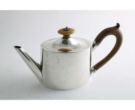 A GEORGE III SMALL PLAIN TEA POT with a navette-shaped outline and a domed cover with an ivory finial, by John Emes, London 1