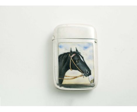 A VICTORIAN VESTA CASE of rounded rectangular form, enamelled on the cover with the portrait of black horse with a star on it