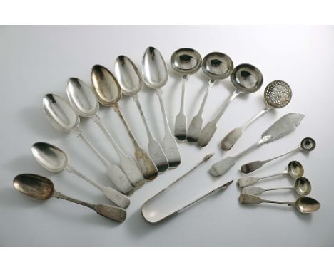 A SMALL QUANTITY OF VICTORIAN FIDDLE FLATWARE  to include five table spoons, two dessert spoons, a butter knife, a sugar sift