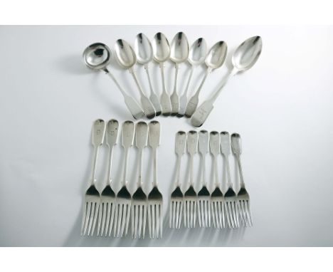 ASSORTED ANTIQUE FIDDLE PATTERN TO INCLUDE:- One table spoon, five table forks, six dessert spoons, six dessert forks and a s