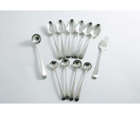 A SET OF SIX GEORGE III OLD ENGLISH PATTERN TEA SPOONS initialled "MP", London 1788, an oyster fork, initialled, London 1785,