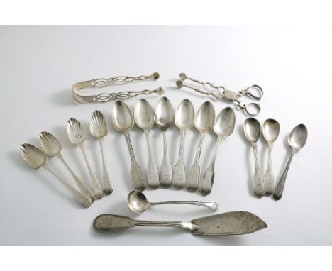 A MIXED LOT:- Eleven various antique tea spoons, two mustard spoons,  a pair of sugar nips, a pair of sugar tongs,  a small c