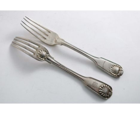 A PAIR OF LATE GEORGE III FIDDLE, THREAD &amp; SHELL TABLE FORKS (diamond shell heel), crested, by Paul Storr, London 1819;  