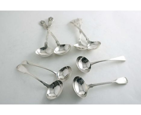A PAIR OF VICTORIAN QUEEN'S PATTERN SAUCE LADLES crested, a pair of Victoria pattern sauce ladles, a Fiddle, Thread &amp; She