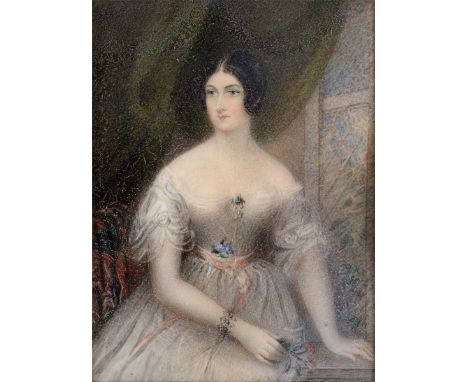 ENGLISH SCHOOL c.1838 Miniature portrait of a lady, believed to be a Mrs Phoebe Falconer, standing wearing a white dress in a