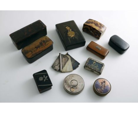 BOXES:- Five various 19th century lacquered papier-mache snuff boxes, a small wooden snuff box, an enamelled brass circular p