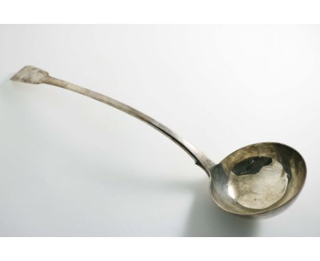 A GEORGE III LARGE FIDDLE PATTERN SOUP LADLE engraved with a crest above script initials "TS" and numbered "2" on the drop, b