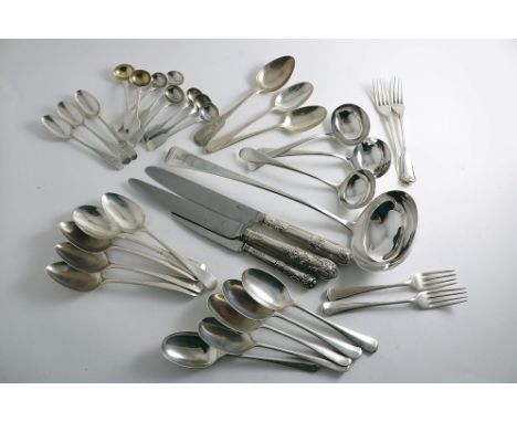 MISCELLANEOUS FLATWARE TO INCLUDE:- Thirteen dessert spoons, four dessert forks, a pair of sauce ladles, a single sauce ladle