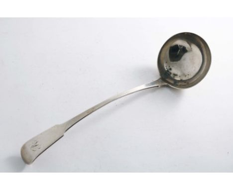 A SCOTTISH PROVINCIAL FIDDLE PATTERN SOUP LADLE initialled "R", by David Gray of Dumfries (DG, anchor, G, unicorn's head, anc