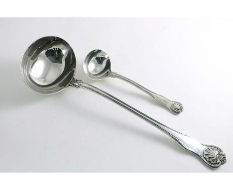 AN EARLY VICTORIAN KING'S HUSK PATTERN SOUP LADLE by Mary Chawner, London 1837 and a King's Husk pattern sauce ladle, crested