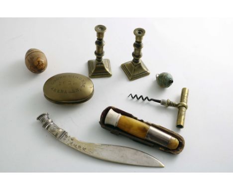 A MIXED LOT:- A brass &amp; steel pocket corkscrew, a brass snuff box stamped "GEORGE HOBBS, ABERAMAN 1881", a pair of miniat