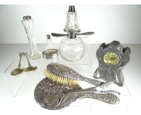 BOX OF SILVER / PART SILVER ITEMS including table clock, spoons, dressing table items ETC