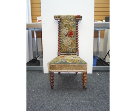 19TH CENTURY BARLEY TWIST AND TAPESTRY PRIE-DIEU CHAIR with believed original upholstery having relief flower petals