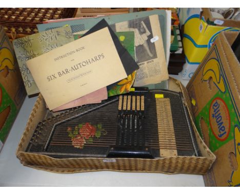 VINTAGE SIX BAR AUTO HARP together with vintage sketch pads ETC