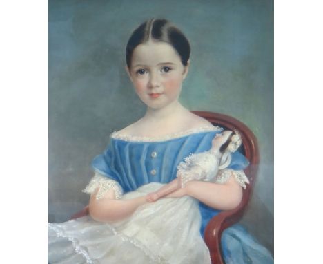 19TH CENTURY BRITISH SCHOOL - half portrait of a young elegant girl seated with dolly in her arms, unsigned, 58 x 49cmsCondit