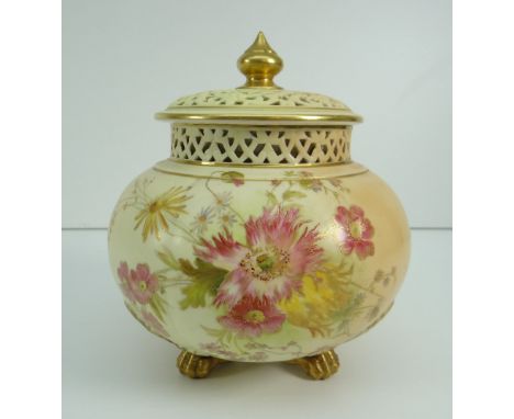GLOBULAR ROYAL WORCESTER POT POURRI COMPLETE WITH COVER AND LID decorated with a large spray of wild flowers, and a smaller s