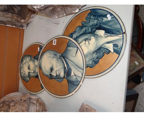 THREE 19TH CENTURY GLAZED CERAMIC ROUNDALLS each with portrait illustrations and one being almost certainly Nelson, 34cms dia