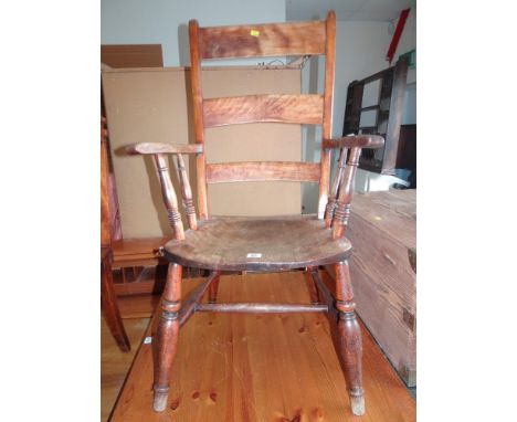 ANTIQUE MIXED WOOD LADDER-BACK ELBOW CHAIR 